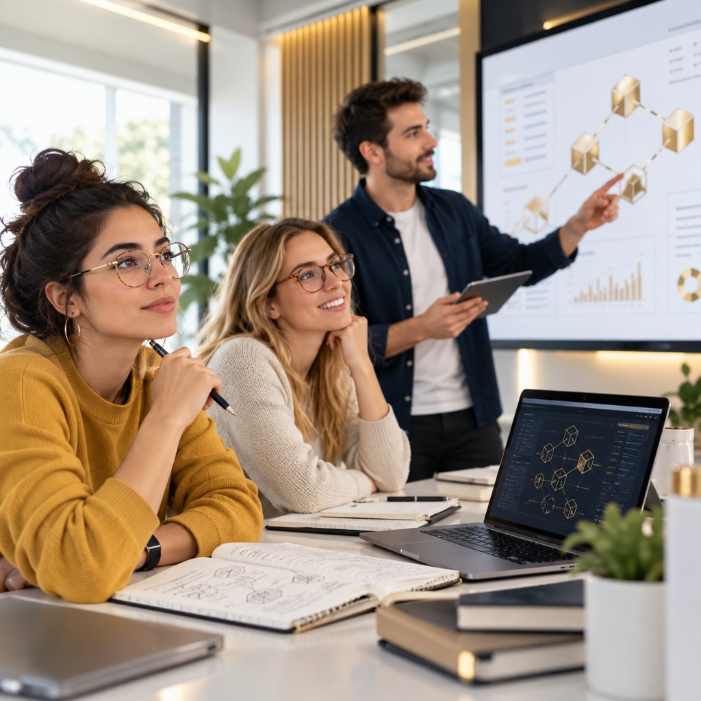 Team reviewing a blockchain diagram